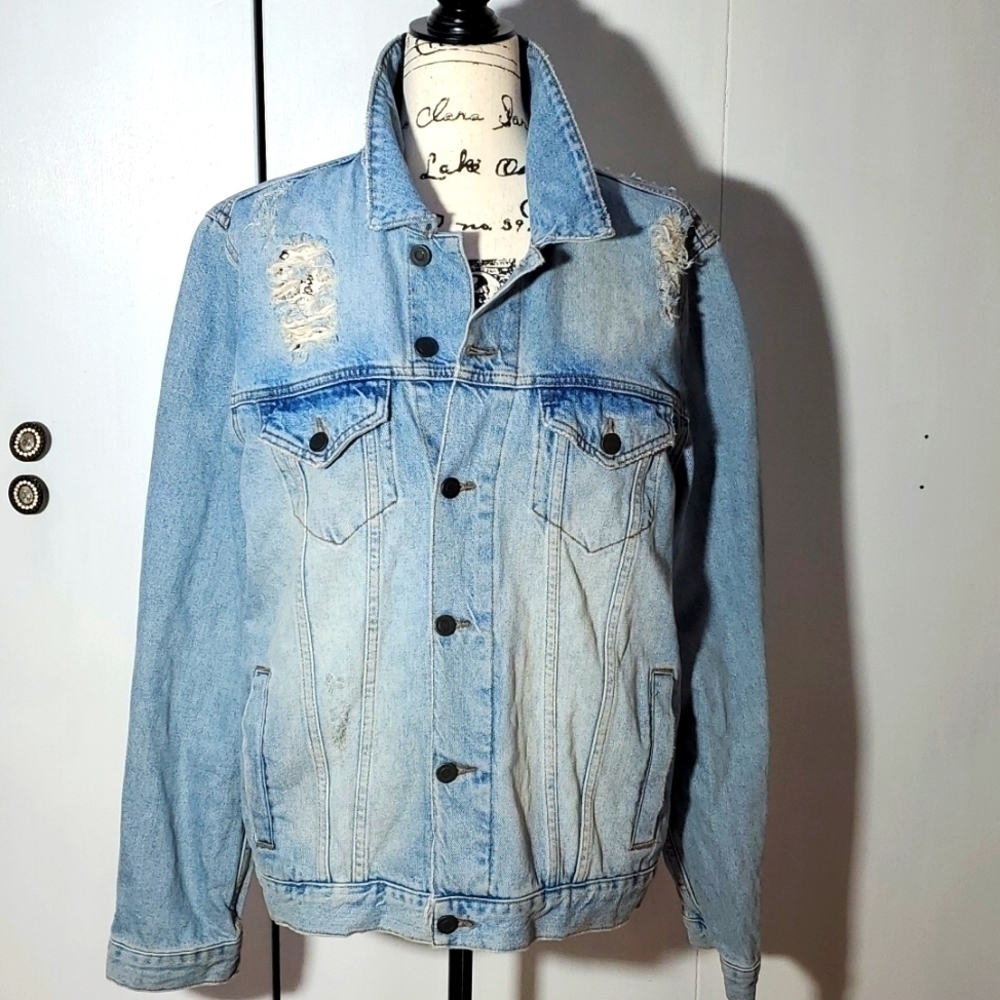 Asos- Denim Jean Jacket Distressed Cut Out Ripped Trashed Sz.Large